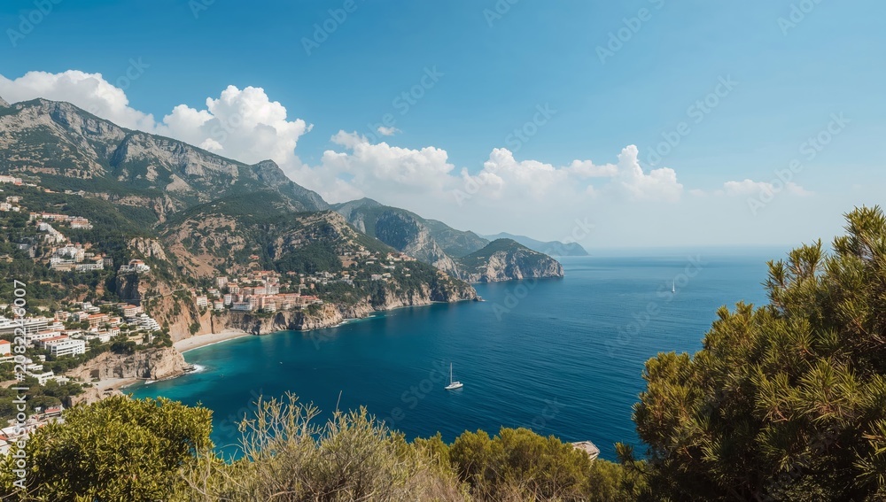 Fototapeta premium Coastline View With Boats and Buildings Under Cloudy Sky in Summer