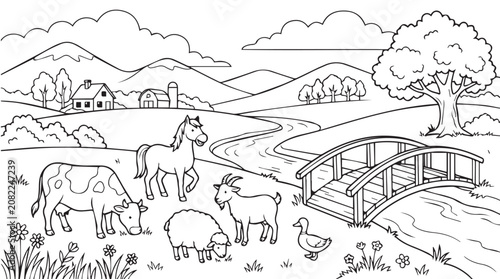 Canvastavla Farm Scene with Animals Line Art Illustration coloring page