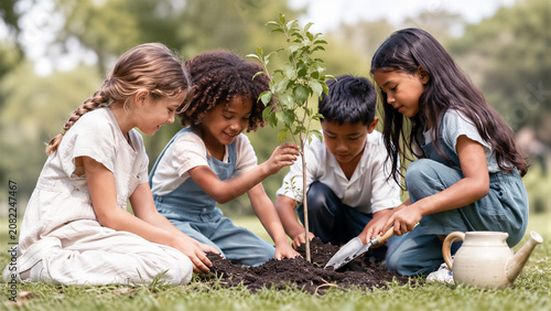 Diverse group of school children planting a tree seedling in the park. Future environmental conservationists learning about nature