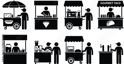 Tableau sur toile Set of food stall and street vendor silhouettes featuring various street food ca