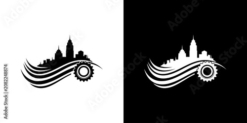 Quadro su tela Cityscape Silhouette with Abstract Waves and Gear