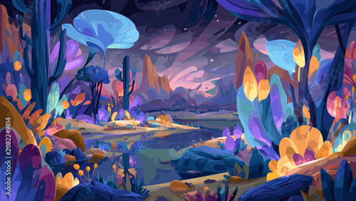A vibrant, alien landscape with glowing, bioluminescent flora and unusual rock formations under a swirling, colorful sky.
