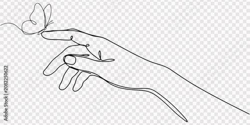 Obraz na płótnie human hand reaching toward a butterfly  continuous one line drawing, Single continuous line drawing butterfly perched on fingertip