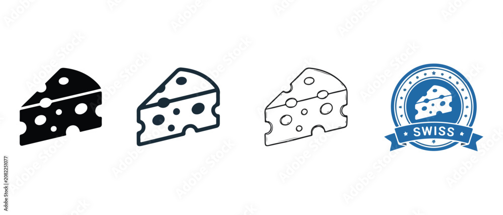 Fototapeta premium Swiss cheese icons set with different styles and a label cheese wedges in various designs and a swiss cheese logo with a blue banner