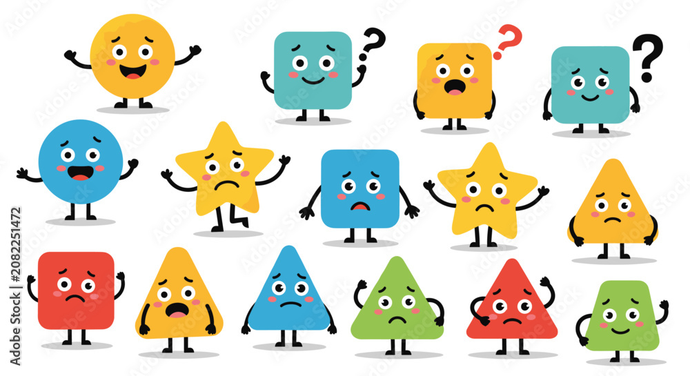 Obraz premium Set of colorful geometric shapes with cute faces showing different emotions like happiness, sadness, and confusion with question marks.