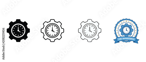 Time management clock gear icons set for business productivity and organization purposes  various clock and gear illustrations for workflow optimization