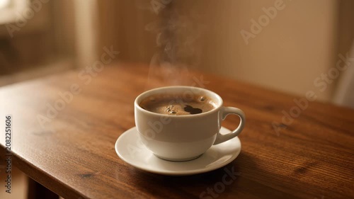 Steaming coffee cup on wooden table with soft window light for morning beverage concept