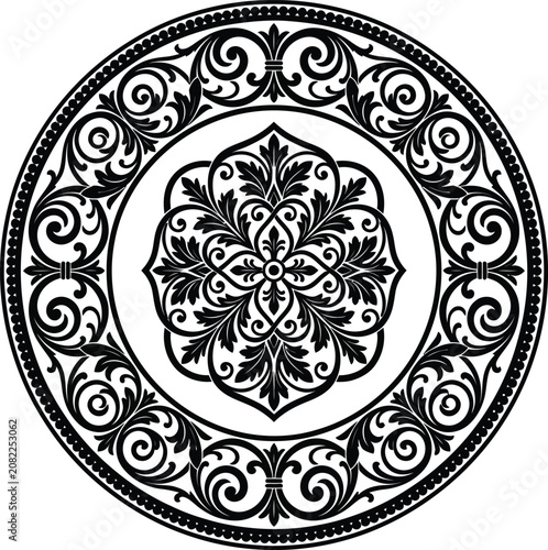 A circular ornamental emblem, centered on a clean white background, rendered as a black vector silhouette.eps