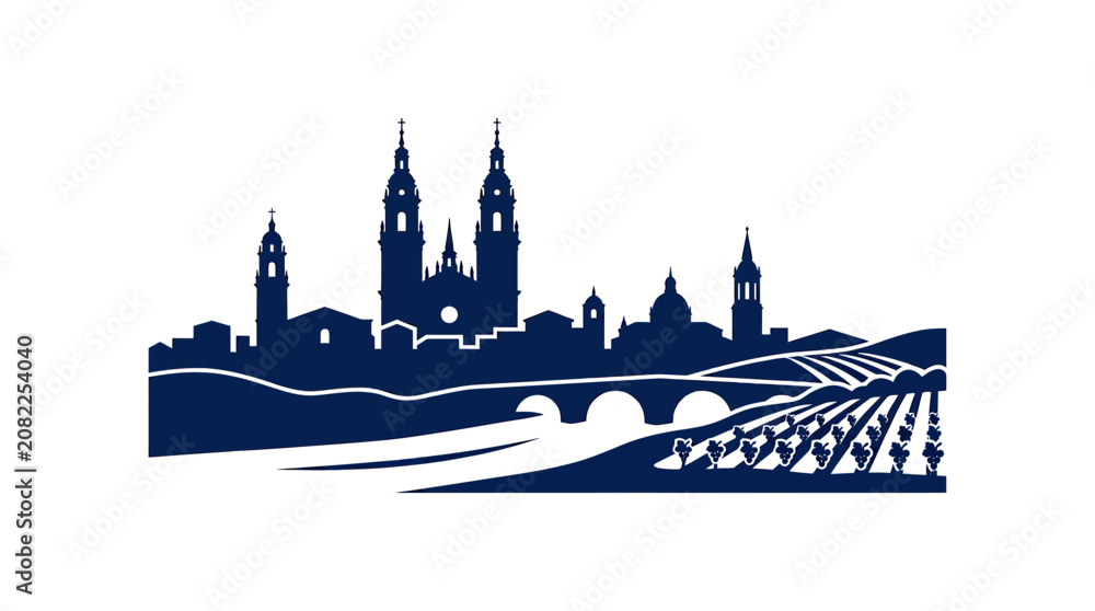 Fototapeta premium Cityscape Silhouette with Cathedral and Vineyard, European Landmark