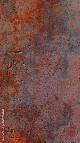 Close-up of a rusty, weathered metal texture showing red and brown oxidation,...