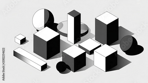 Black and white geometric 3d shapes on a light background