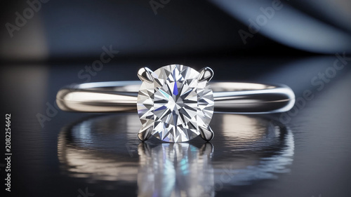 Beautiful diamond engagement ring on a dark reflective surface