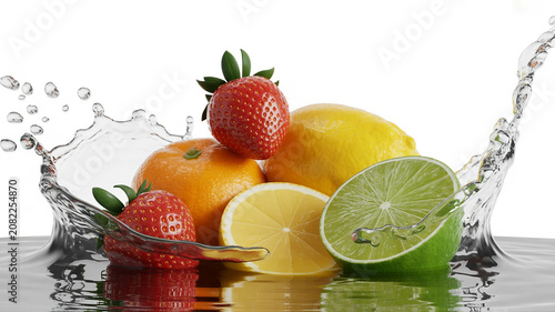Fresh mixed fruits with water splash on a table