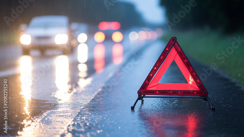 Red warning triangle on a rainy highway with car traffic