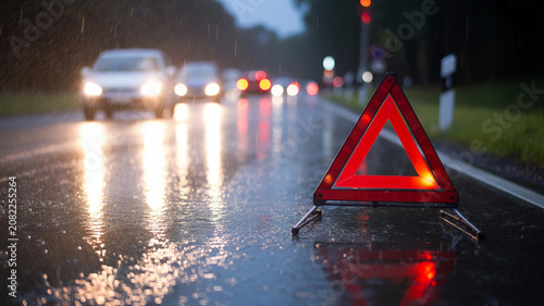 Red warning triangle on a rainy road with car headlights
