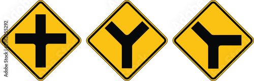 Cuadro en lienzo Yellow warning road sign vector set featuring intersection crossroad and y junct