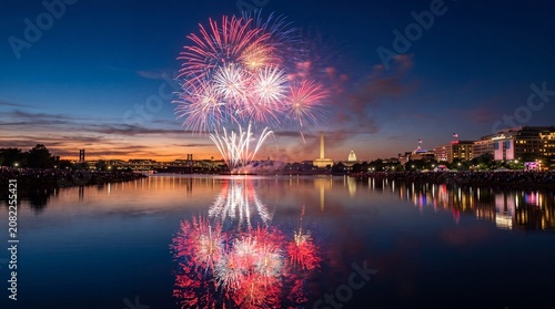 Fireworks display over Washington D.C. skyline at dusk with reflections on the water