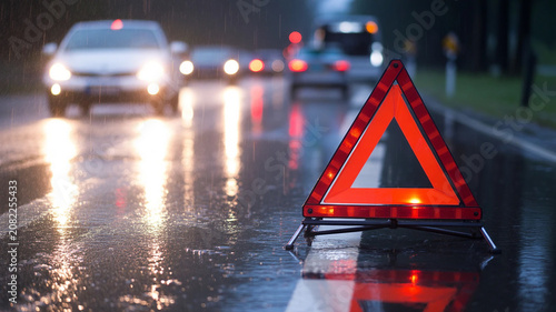 Red warning triangle sign on a wet road in the rain