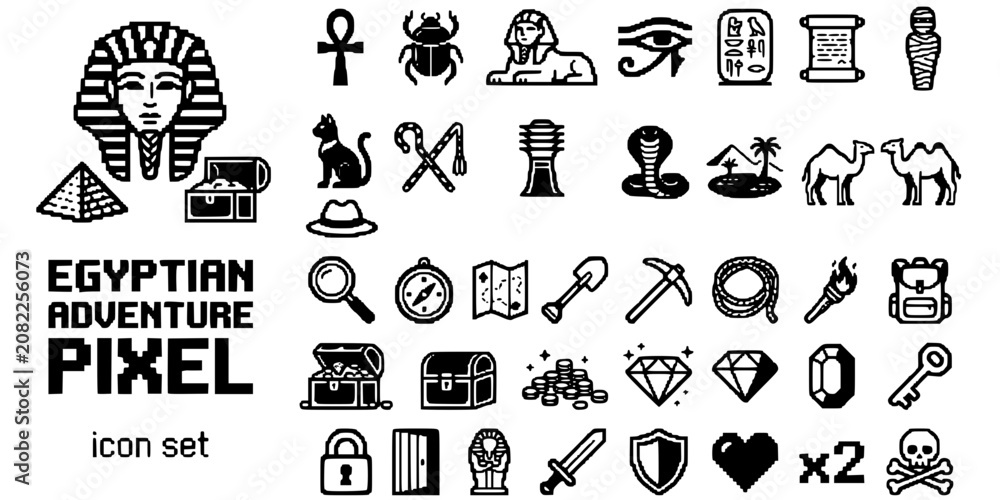 Naklejka premium Egyptian Adventure Game Pixel Art Black White-Pharaoh Sprite Pyramid Treasure-Retro Vector-Adventure Icon Pixel-Ancient Egypt Design Set