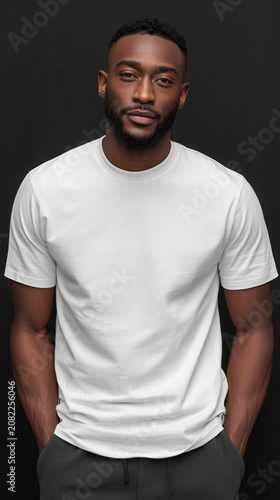 Black man in white T-shirt mockup on black background