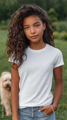 Young girl walking dog in white T-shirt mockup at park