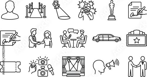 Foto Movie premiere red carpet and entertainment industry line icon set with paparazz