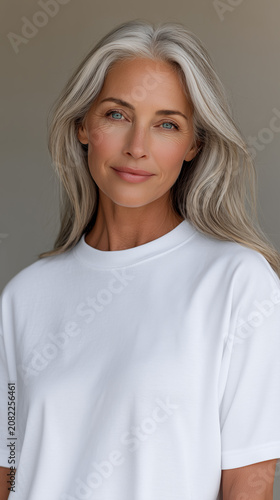 Beautiful fifty-year-old woman smiling in white oversized T-shirt mockup