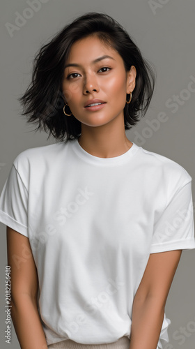 Mockup of a beautiful 23 year old Asian woman with short hair wearing a blank white t-shirt