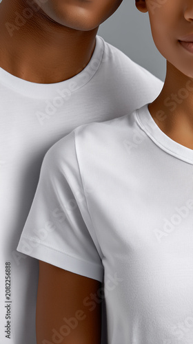 Close-up t-shirt mockup of a man and a woman without faces wearing blank basic white t-shirts