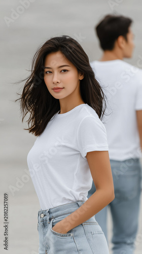 Asian couple in white T-shirt mockup standing full body