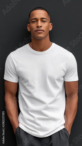 Mockup of a stylish male model wearing a blank white t-shirt against a dark background