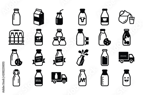Minimalist Dairy Milk Bottle and Beverage Packaging Icons Set, Black Silhouette Dairy Product Container Vector Collection Isolated on White Background