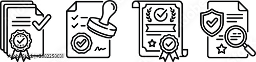 Fotografie Official document certification and notary public vector line icons set featurin