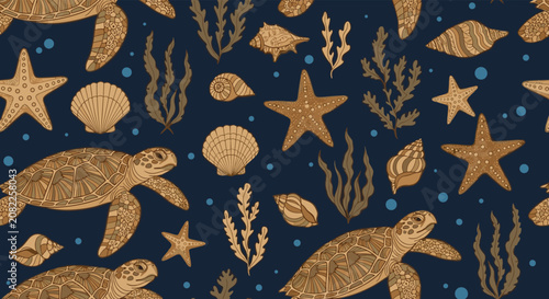 Photos Elegant seamless pattern with sea turtles, shells, starfish, and seaweed in brown tones on a deep dark blue ocean background