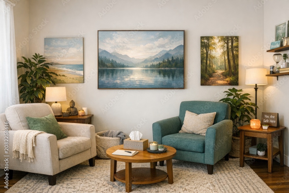 Fototapeta premium Cozy home decor featuring comfortable furniture and artwork