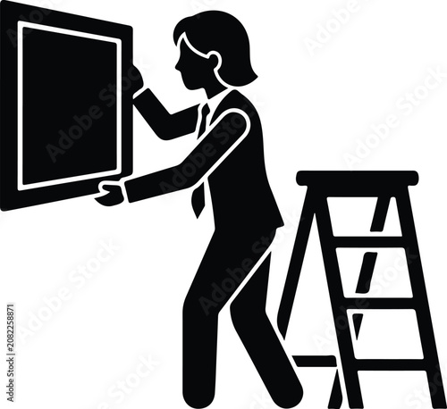Woman hanging picture frame on wall vector silhouette
