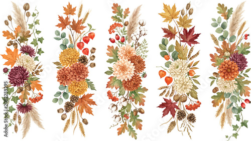 A beautiful watercolor illustration featuring a rustic wooden cart filled with autumn sunflowers and seasonal flowers surrounded by pumpkins and fall leaves