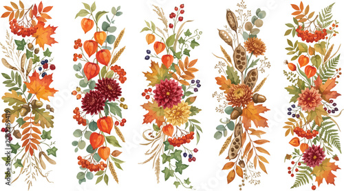 Set of five decorative autumn wreaths featuring watercolor pumpkins sunflowers fall leaves and seasonal foliage isolated on a white background for design