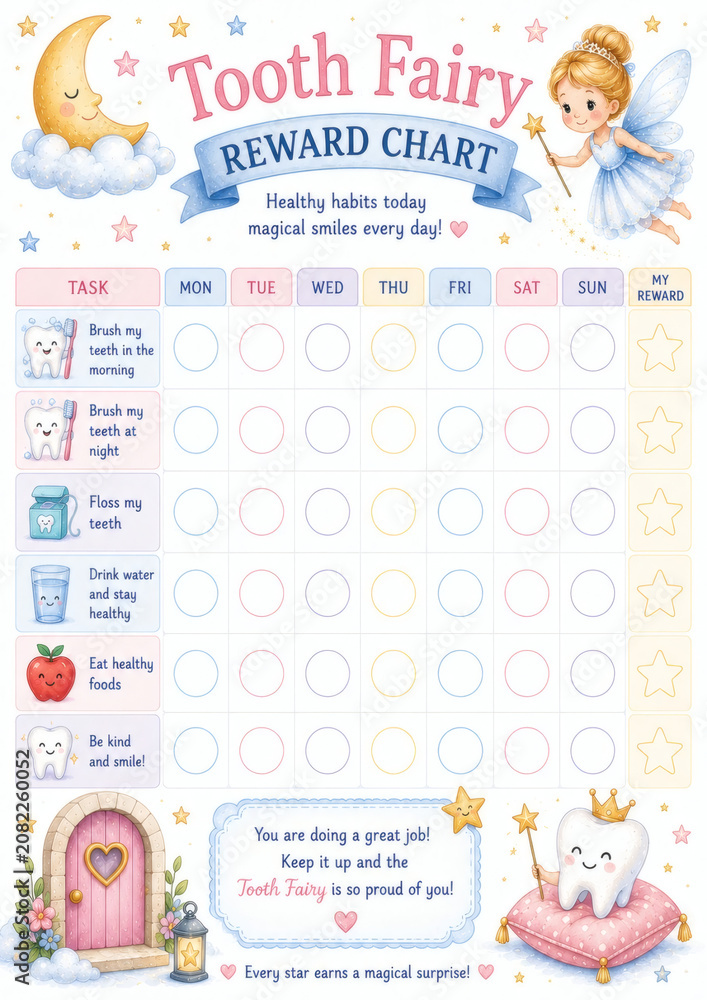 Obraz premium Cute Tooth Fairy reward chart for kids, inspires healthy habits with a magical theme. Perfect for tracking brushing, flossing, and healthy eating routines.