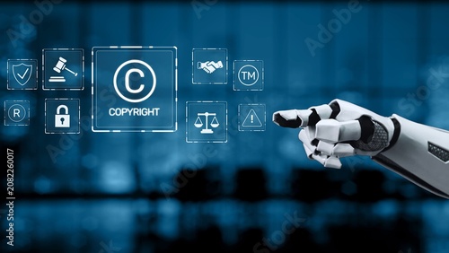 Obraz na płótnie A robot hand is reaching out to digital copyright icons, representing the intersection of technology and intellectual property in a sleek office setting