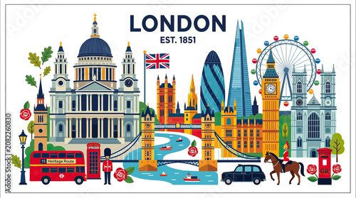 Fotografía London Skyline Collage: Iconic Landmarks, Red Bus, Tower Bridge, Big Ben, St Pau