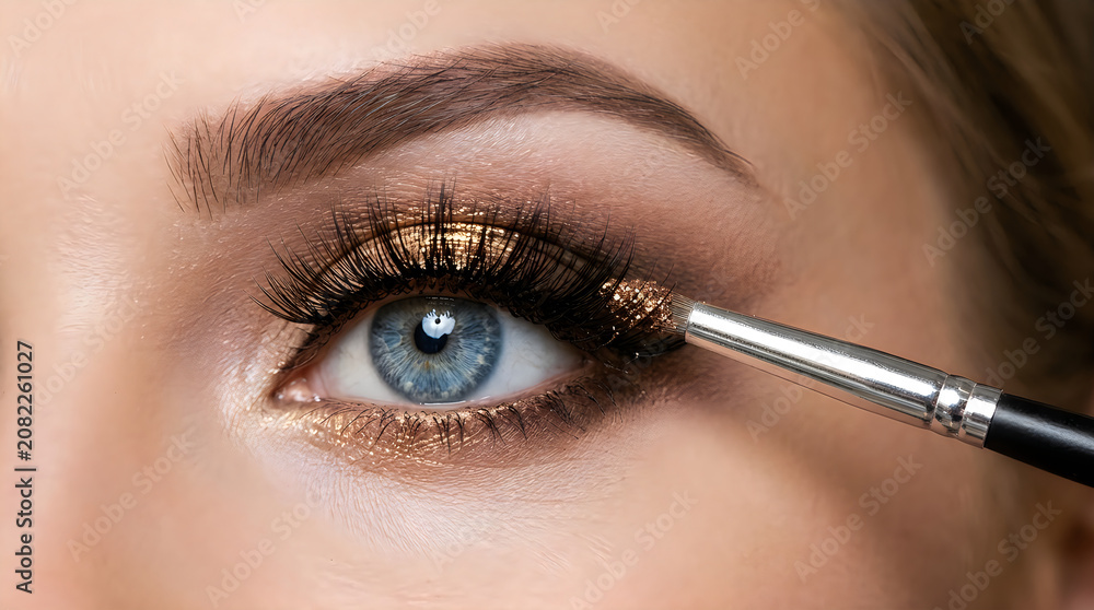 Naklejka premium Close up of woman's eye with long false eyelashes and makeup during application with tweezers