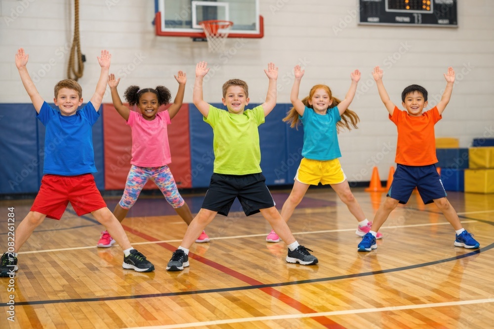 Fototapeta premium Group of young kids posing together on a basketball court, looking excited and proud
