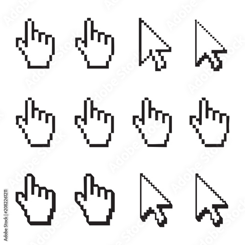 Pixelated mouse cursor and hand pointer icons set isolated on transparent background vector graphic.