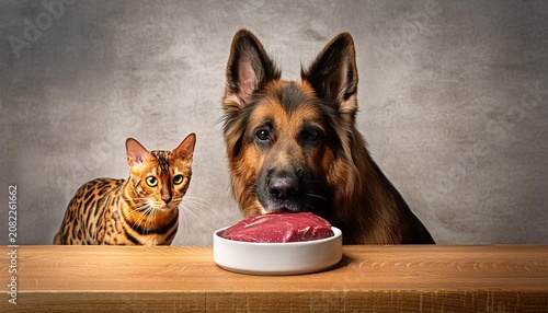 German shepherd and bengal cat eyeing raw meat