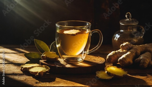 Ginger tea and root on wood tabletop