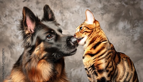 German shepherd and bengal cat nuzzle