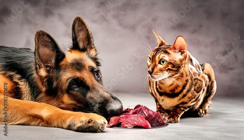 German shepherd and bengal cat sharing raw meat
