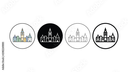 Canvas Print Set of four vector city skyline icons featuring a prominent clock tower
