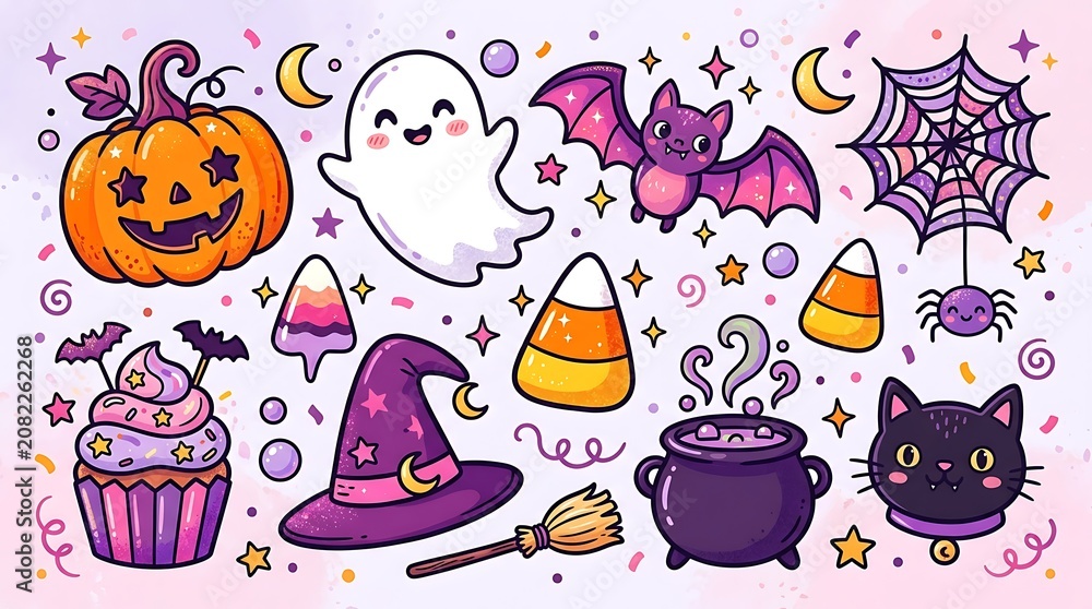Obraz premium Cute Halloween doodle sticker set with pumpkin and ghost illustration